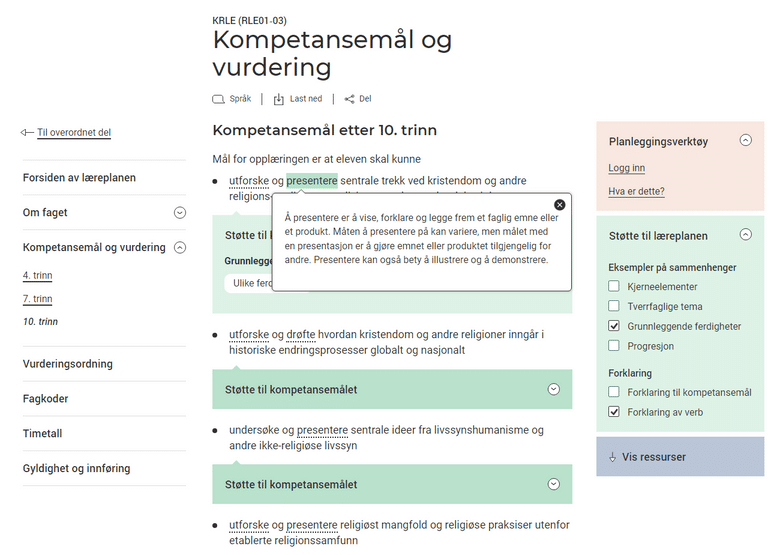 Utdrag fra UDIR sine nettsider om kompetansemål og vurdering