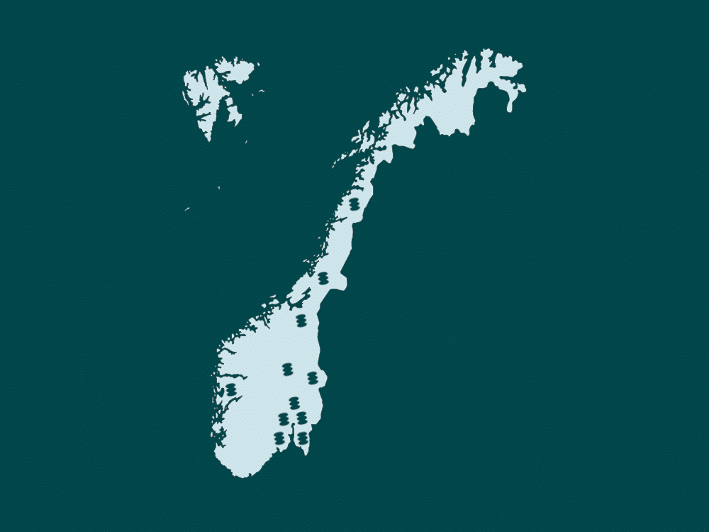 Norgeskart hvor lokallagenes geografiskse plassering er markert
