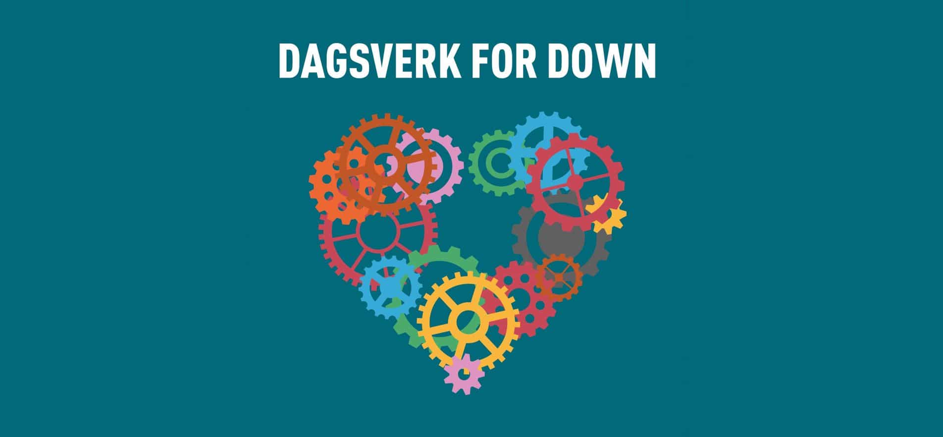 Dagsverk for Down sin logo som er utformet som et hjerte laget av tannhjul i forskjellige farger