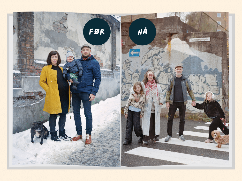 Familie, før og nå, med voksne og barn. Et av barna har Downs syndrom.