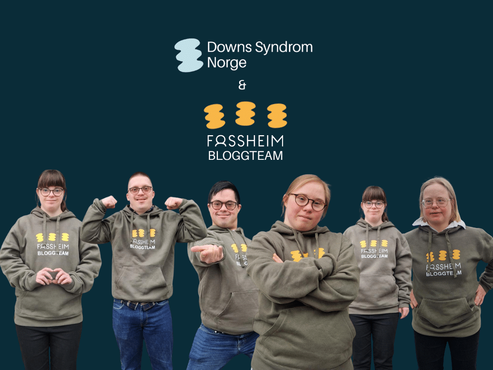 Gruppebilde av bloggteamet som består av fire kvinner og to menn med Downs syndrom.